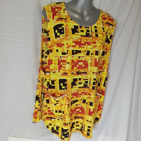 Vintage 1960s Smock Apron Mid Century Geometric Yellow Orange Handmade XL - Picture 7 of 14